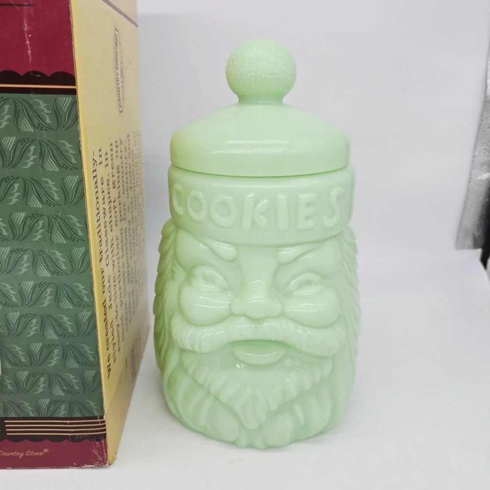 Vintage Cracker Barrel Jade Santa Cookie Jar Glass 11
